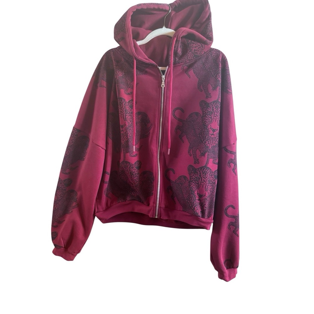 Mango Leopard Maroon Oversized Cozy Woman's‎ Large Zip Up Leopard Print Jacket